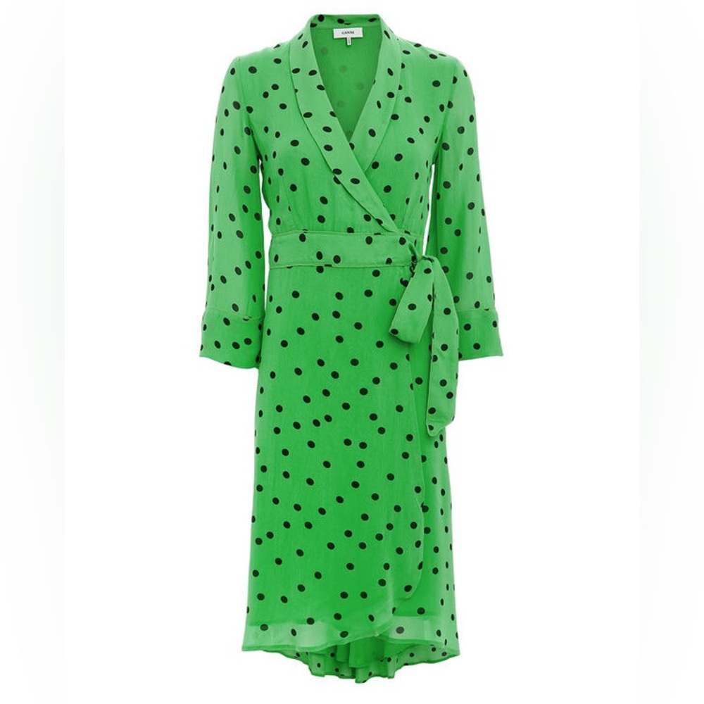 Ganni Green Polka Dot Wrap Dress NWT